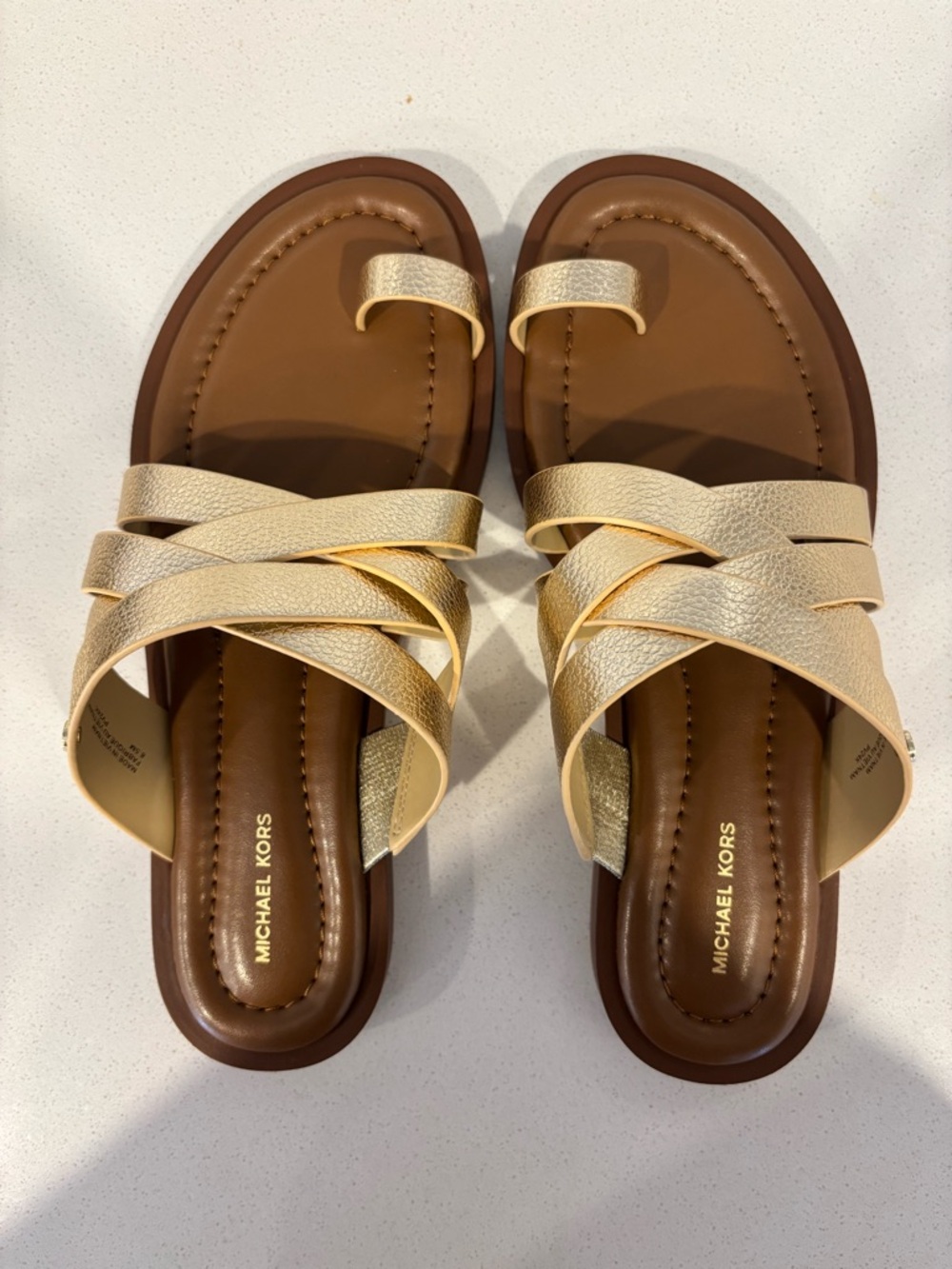 Michael Kors Metallic Gold Leather Cross-Strap Slide Sandals